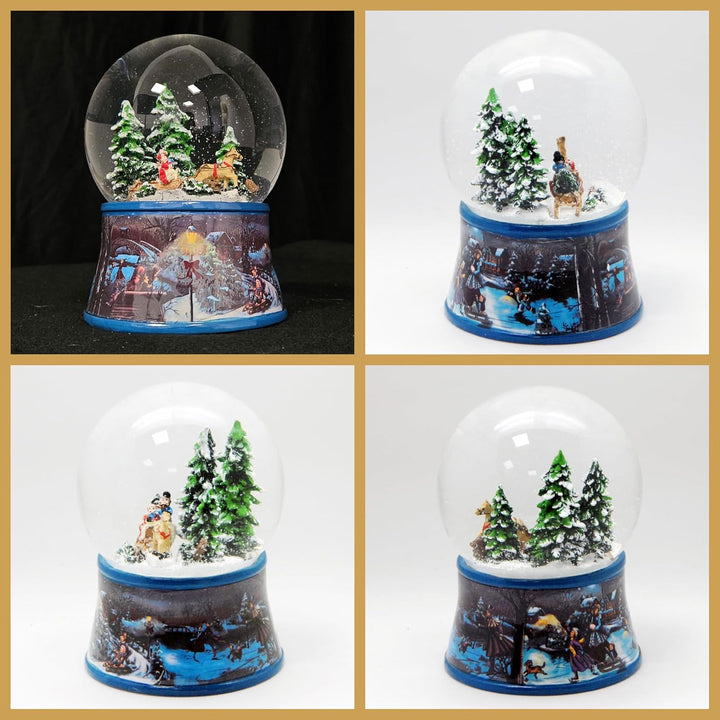 Schneekugel Weihnachten Spieluhr | Schlittenfahrt mit Christbaum | Sockel Winterlandschaft Eisläufer