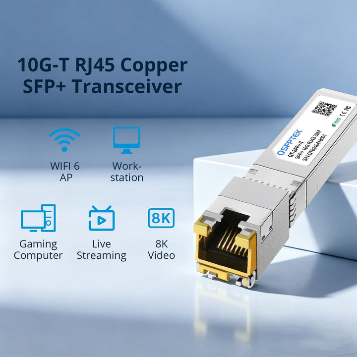 QSFPTEK Newest 10GBASE-T SFP+ RJ45 Transceiver up to 30m, 10G SFP+ to RJ45 Copper Mini-GBIC Modul wi