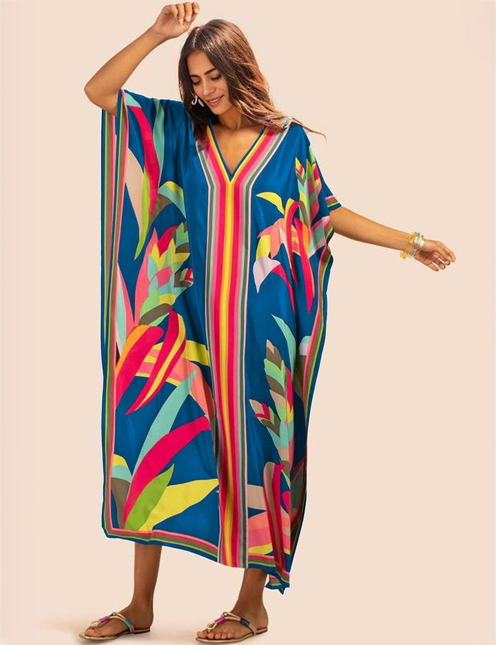 Bsubseach Damen Casual Beach Kaftan Kleid Kurzarm Loungewear Caftan Strandkleid B-blau, B-blau