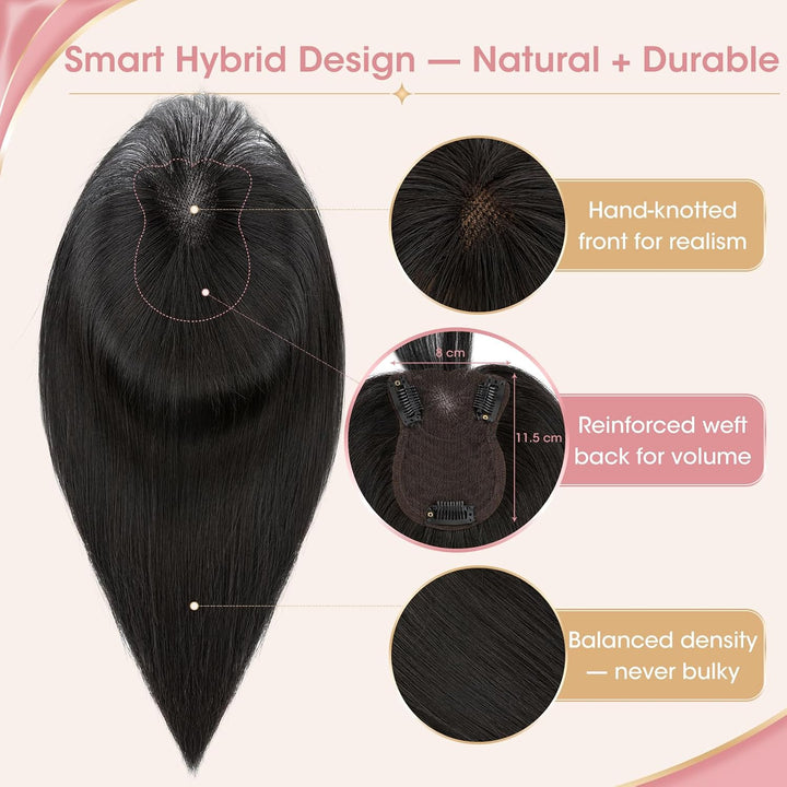 Silk-co Hair Topper Echthaar, 8x11.5cm handgebunden Basis Toupet Damen, Clip in Haarteile mit Spitze