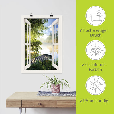 ARTland Poster Bild ohne Rahmen Wandposter 70x100 cm Fensterblick Fenster Landschaft Wald Natur See