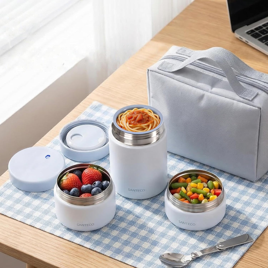 SANTECO Vakuumisolierter Suppen-Lunch-Set 1050ml - Isolierte Brotdose mit Löffel & Tragetasche - Sti
