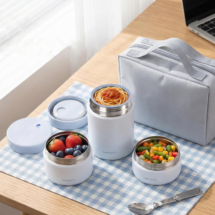 SANTECO Vakuumisolierter Suppen-Lunch-Set 1050ml - Isolierte Brotdose mit Löffel & Tragetasche - Sti
