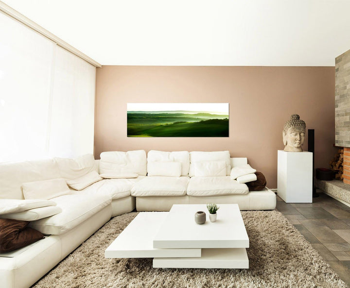 Paul Sinus Art Panoramabild auf Leinwand und Keilrahmen 150x50cm Toskana Landschaft Berge Morgenlich