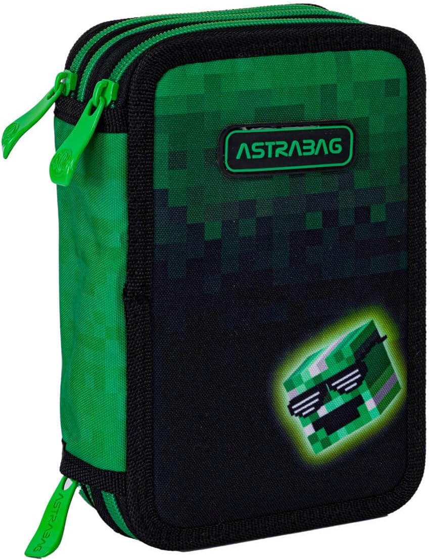 ASTRABAG Pixel Hero 3-Fach Mäppchen Federmappe Gefüllt dreifaches Federmäppchen, Schüleretui 3-stöck