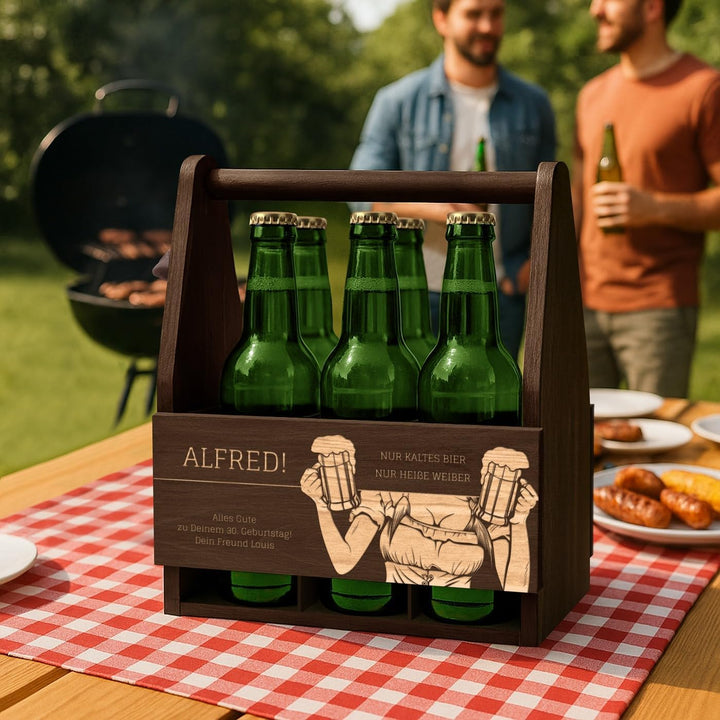 Murrano Bierträger für 6 Flaschen 0,5L mit Gravur - Männerhandtasche mit Flaschenöffner - Grösse: 25