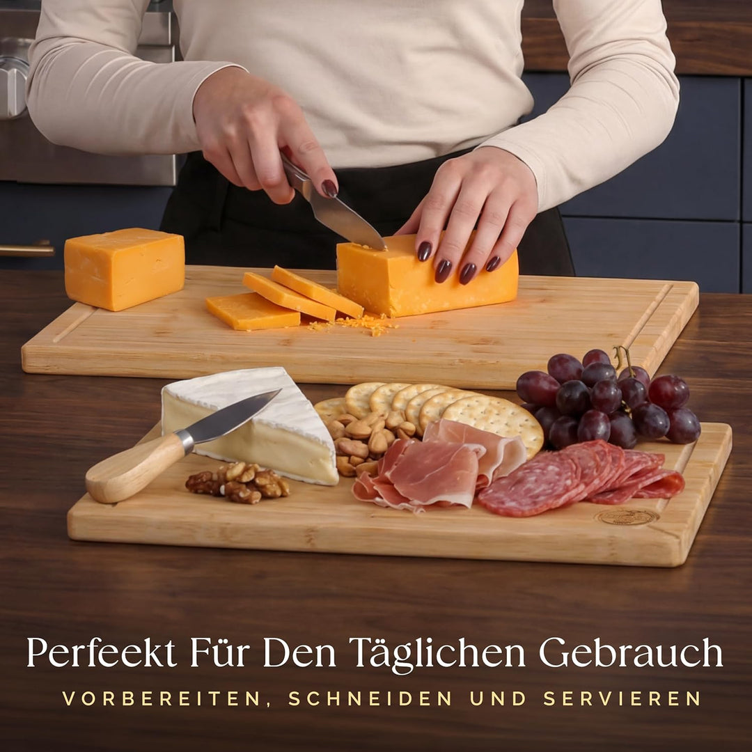 Deer & Oak Schneidebrett Holz Set – XXL & Gross (43x30 & 38x25cm) Bambus Küchenbretter, Vorgeölt, Me