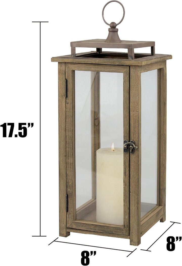 Stonebriar 18 Inch Rustic Wooden Hurricane Candle Lantern with Handle, Metal, Brown, 17.5", 17.5"