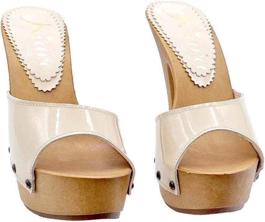 Holzschuhe aus beigem Lackleder und Absatz 13 - Made in Italy - K93001 VERN BEIGE (38 EU, BEIGE) 38