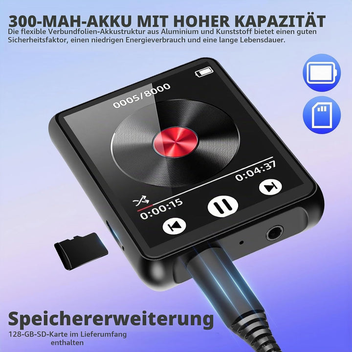 128GB MP3 Player mit Bluetooth, tragbarer digitaler Musikplayer mit Lautsprecher, 2.4" Full Touch Sc