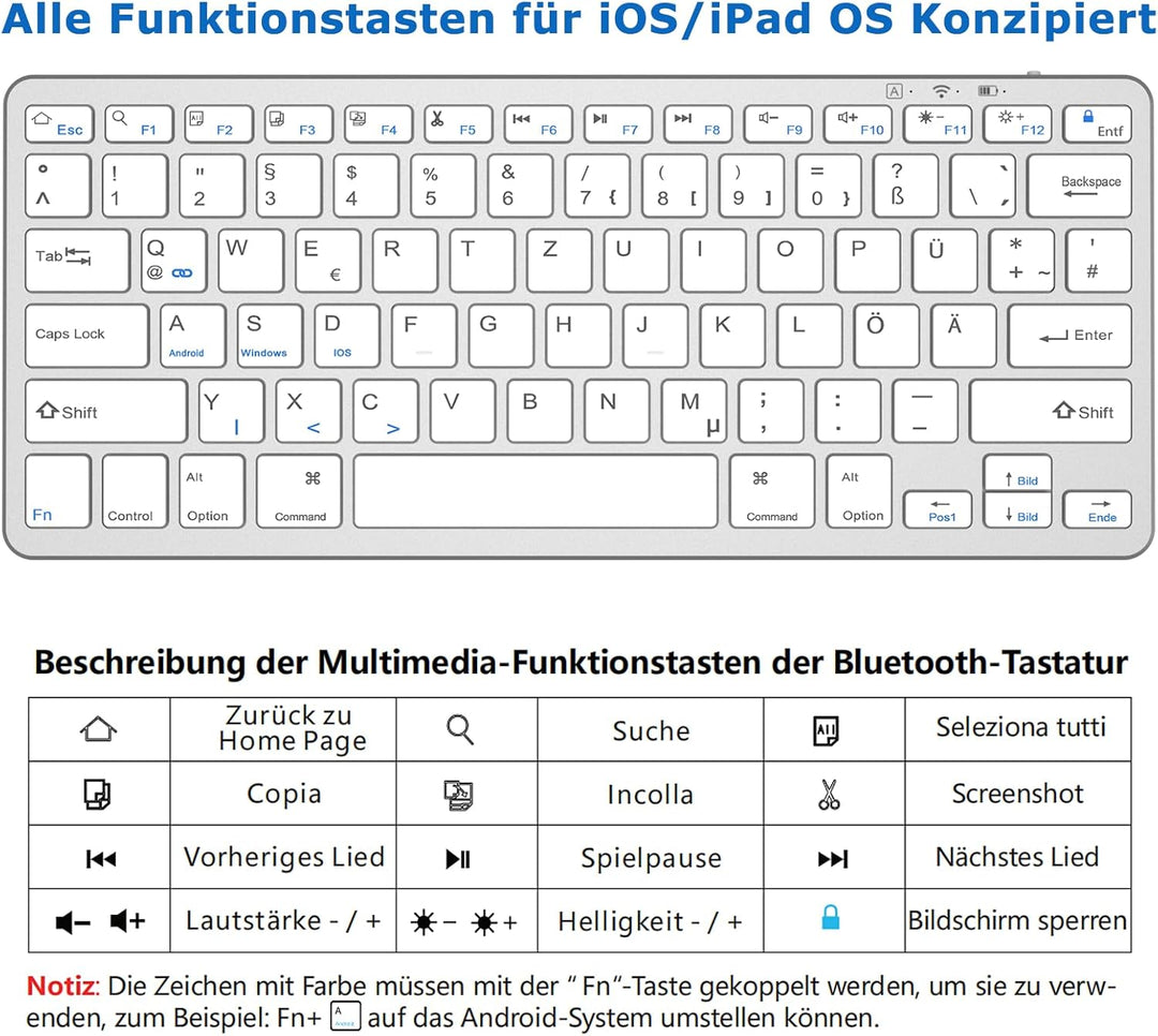 KARFUN Bluetooth-Tastatur,Kabellose Tastatur für iPad/iPad Air/iPad Pro/iPad Mini,iPhone,Tablet,Smar