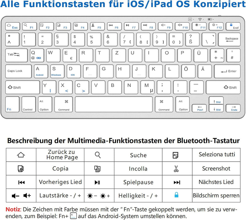 KARFUN Bluetooth-Tastatur,Kabellose Tastatur für iPad/iPad Air/iPad Pro/iPad Mini,iPhone,Tablet,Smar