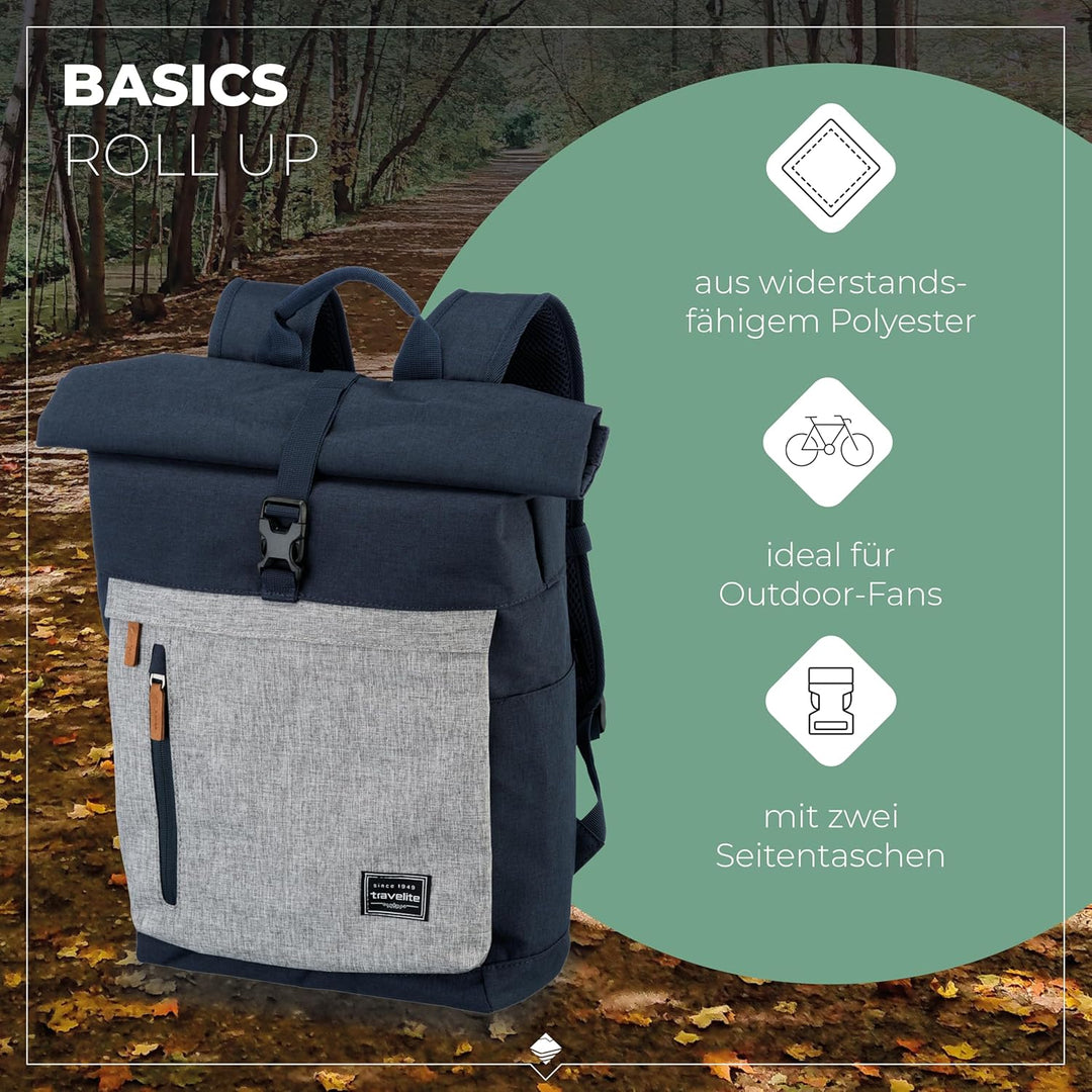 travelite Handgepäck Rucksack mit Laptop Fach 15,6 Zoll, Gepäck Serie BASICS Daypack Rollup: Praktis