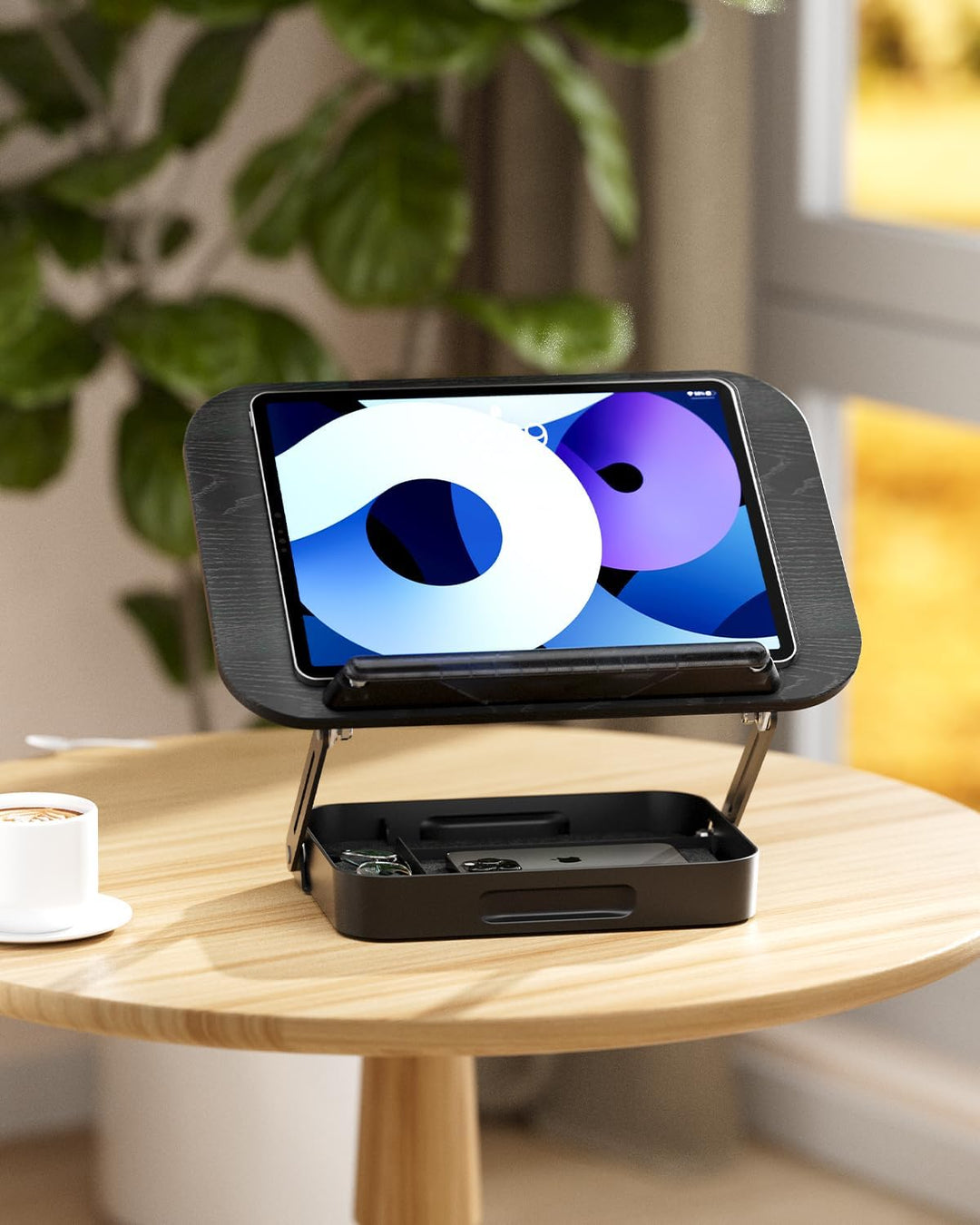 SupeDesk Buchständer Holz mit praktischem Stauraum, 360° drehbarer Buchhalter Leseständer, höhenvers