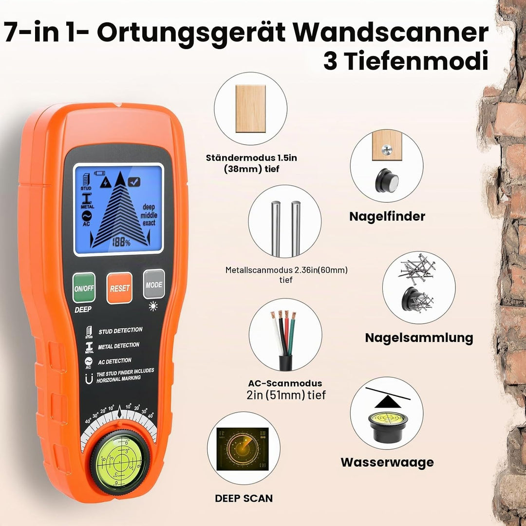 7-in-1 Leitungssuchgerät Leitungssucher Wandscanner mit 3 Holz-Modi, Metall,AC,Wasserwaage + Nail Fi