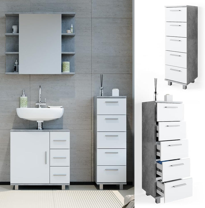 Vicco Badschrank Ilias, Beton/Weiss, 30 x 95 cm, Beton