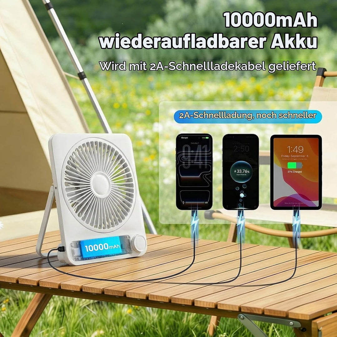 Akku Ventilator 10000mAh 40H mit 100 Stufen: Stufenlos Regulierbarer Tischventilator leise mit Wandh