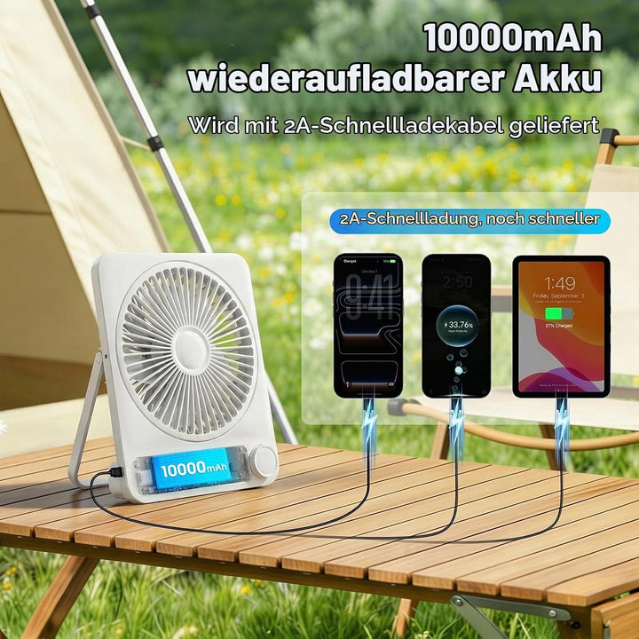 Akku Ventilator 10000mAh 40H mit 100 Stufen: Stufenlos Regulierbarer Tischventilator leise mit Wandh