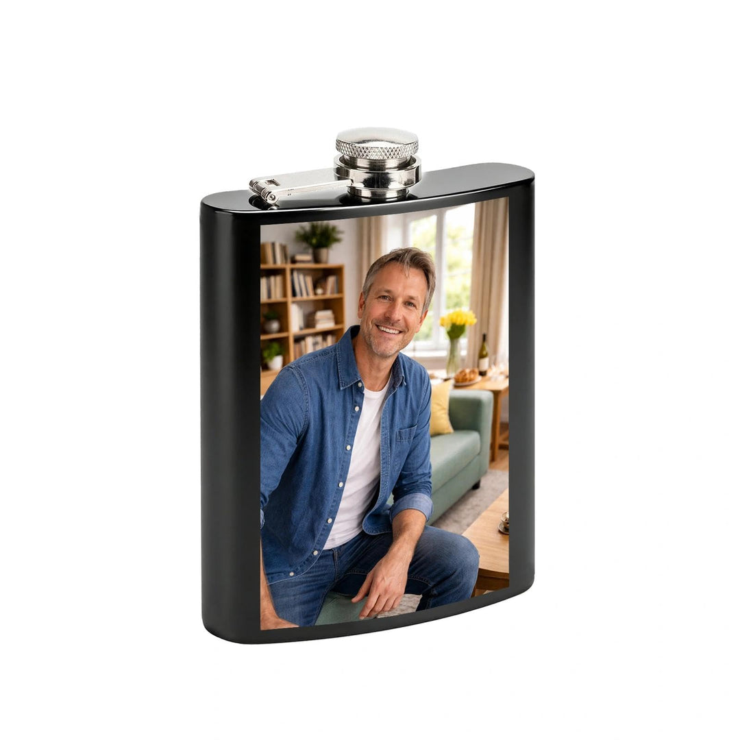 Personalisiert Flachmann mit Foto - Flachmann Edelstahl - Geeignet für Whiskey Rum und Wodka Partys