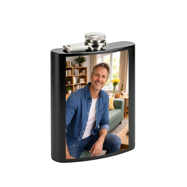 Personalisiert Flachmann mit Foto - Flachmann Edelstahl - Geeignet für Whiskey Rum und Wodka Partys