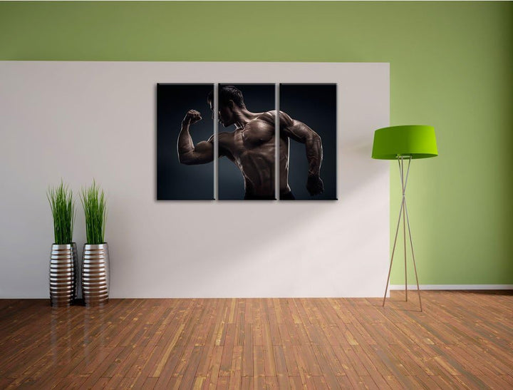 Starker Bodybuilder als 3-Teiler Leinwandbild 120x80 Bild auf Leinwand, XXL riesige Bilder fertig ge