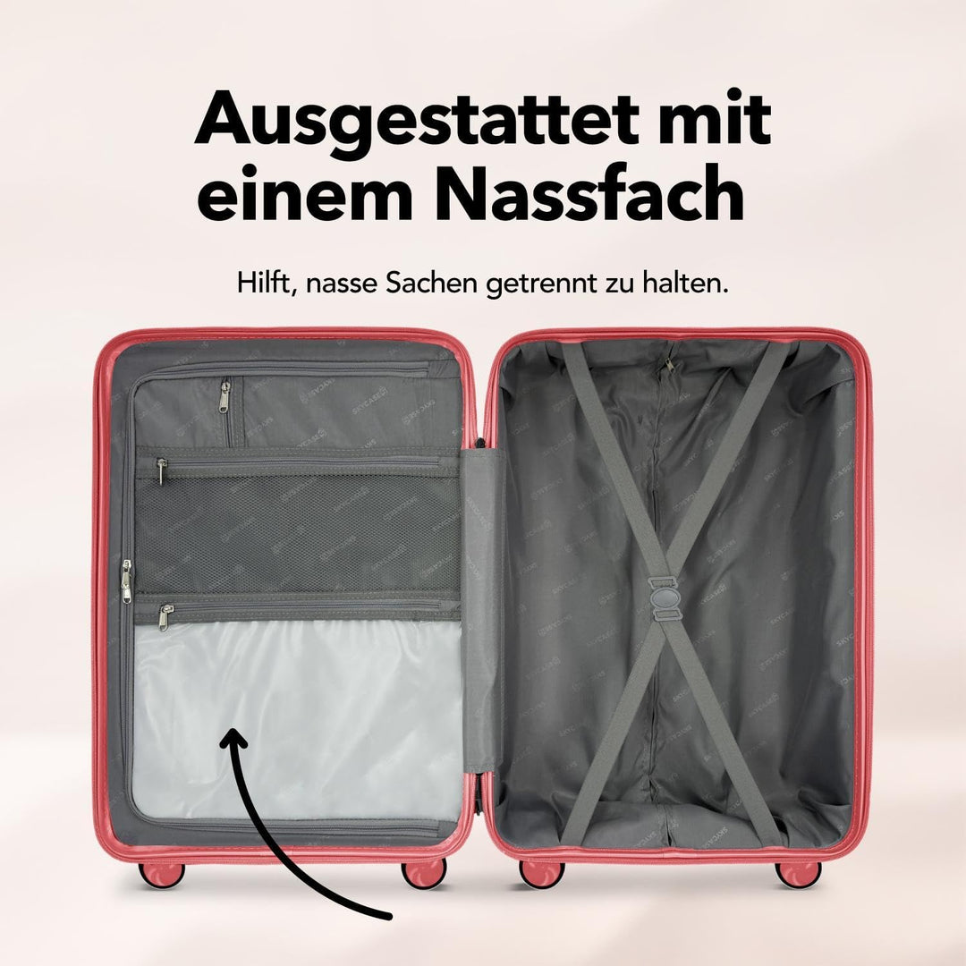 Travel One Handgepäck-Koffer 40L – Rot – Hartschalenkoffer Kabinentrolley, 4 Rollen, Zahlenschloss &