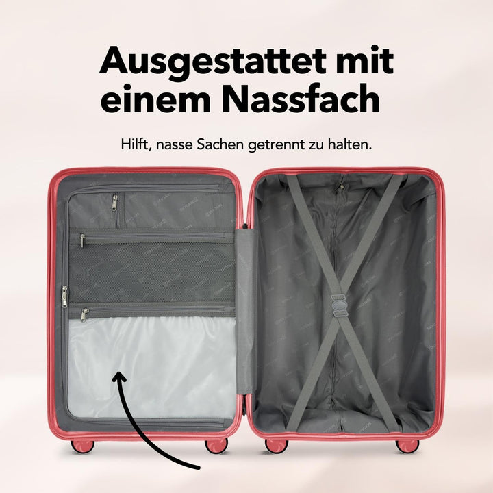 Travel One Handgepäck-Koffer 40L – Rot – Hartschalenkoffer Kabinentrolley, 4 Rollen, Zahlenschloss &
