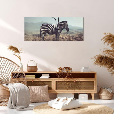 Panorama Bilder auf Leinwand 100x40cm Leinwandbild Zebra Tier Wiese Gross Wanddeko Bild Schlafzimmer