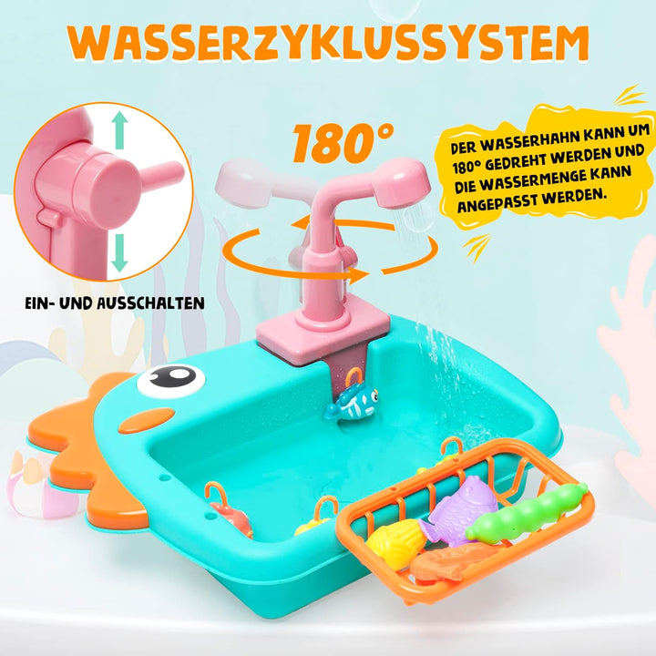 Küchenspüle Spielzeug Set mit Angelspiel Warmwasserhahn Farbwechsel Geschirr| Play Kochherd, Kochges