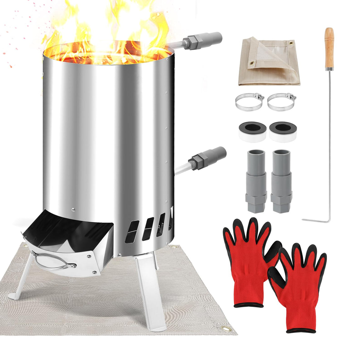 Sonnewelt 10L Poolheizung mit Feuer und Heizspirale, Edelstahl Schwimmbadheizung Ø 32/38 mm Anschlus