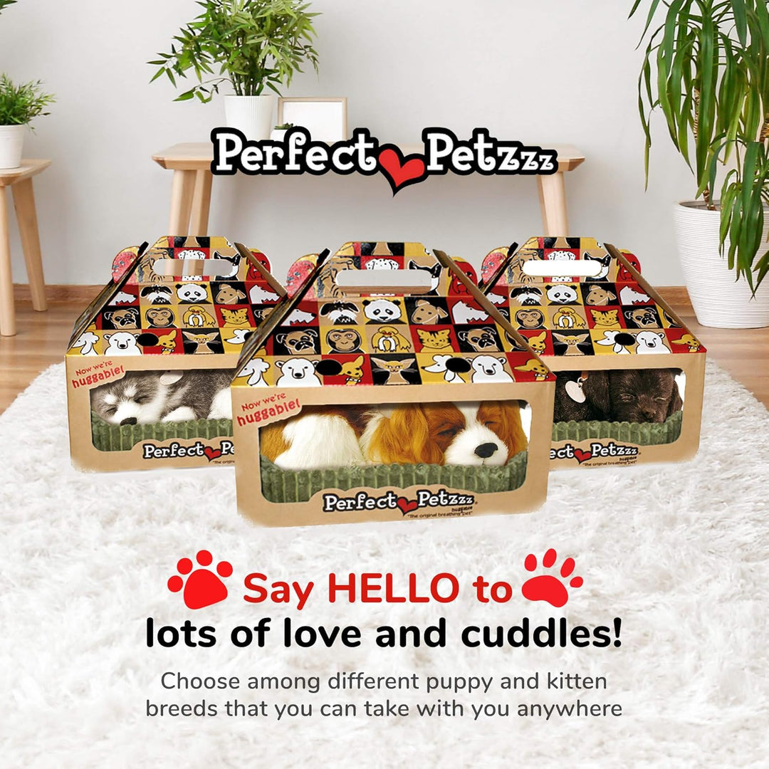 Perfect Petzzz 96309 Plüschhund Cavalier King Charles mit Körbchen, Grösse 25 cm, Kuscheltier atmet