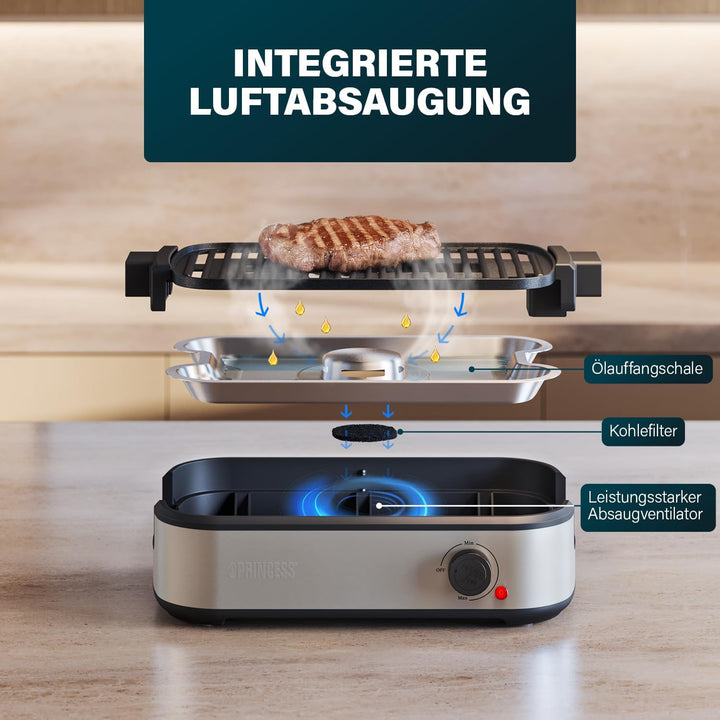 Princess Table Chef Purify Tischgrill, Raucharmer Elektrogrill mit Luftfiltersystem, Einstellbares T