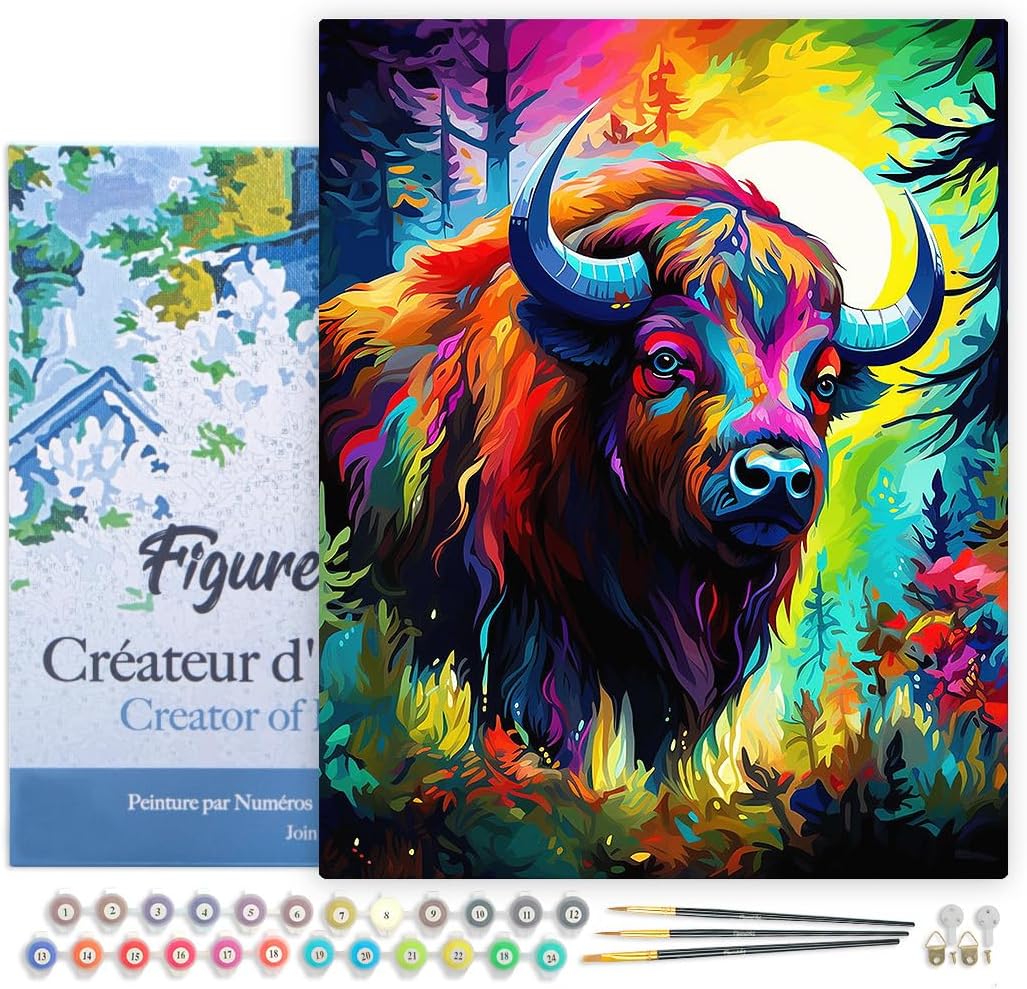 Figured'Art Malen Nach Zahlen Erwachsene Mit Rahmen Bison Farbenfroh Abstrakt - Paint by Numbers Bas