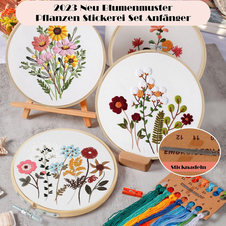 AOTWAN Stickset für Anfänger, Blumenmuster Pflanzen Sticken Set Erwachsene Stickerei Set mit 2 Stück