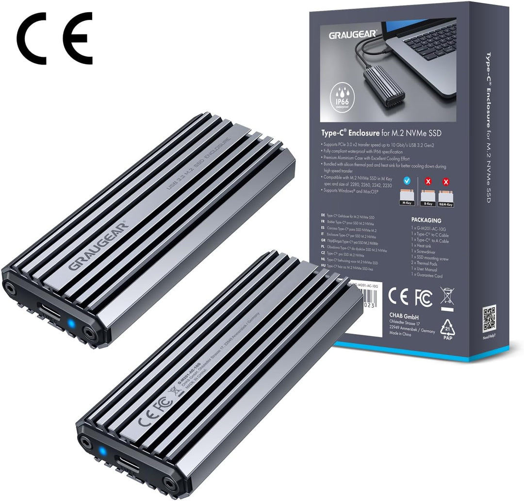 GRAUGEAR | Aluminium-Gehäuse f. M.2 NVMe SSD | USB 3.2 (Gen2, 10 Gbit/s) | Zwei Kabel USB-C & USB-A