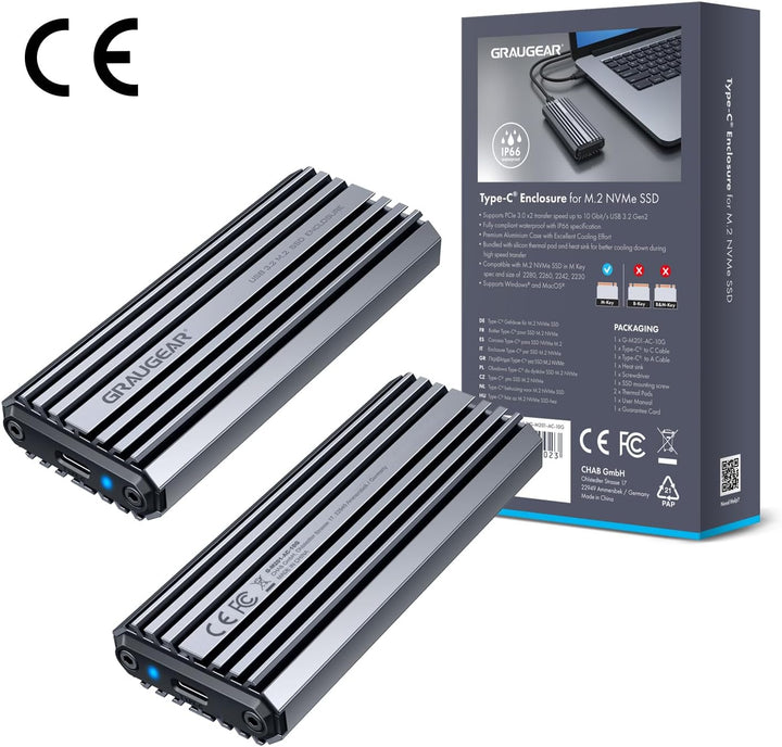 GRAUGEAR | Aluminium-Gehäuse f. M.2 NVMe SSD | USB 3.2 (Gen2, 10 Gbit/s) | Zwei Kabel USB-C & USB-A