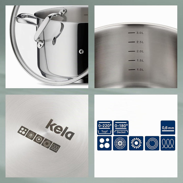 kela Topfset Induktion 4teilig FLAVORIA, Kochtopf Set mit Glasdeckel mit Dampfauslassventil, Innensk