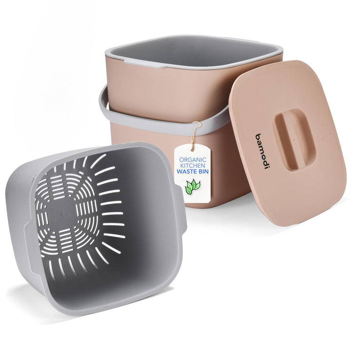 Bamodi Organic Bin 7L Peach mit Deckel und 2 Fächer - Bio-Abfalleimer für die Küche für den tägliche