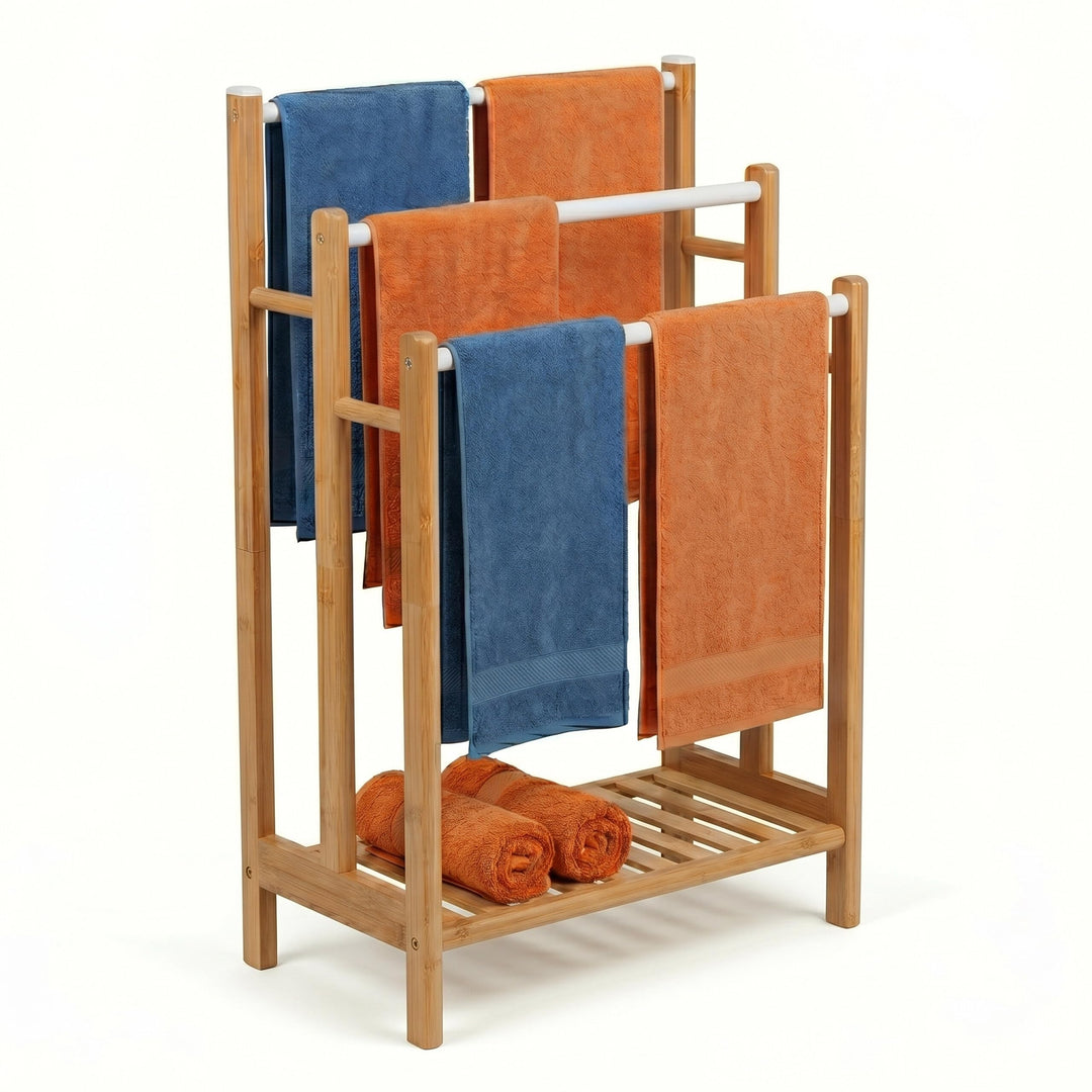 Relaxdays Handtuchhalter, mit 3 Stangen &amp; Ablage, HBT: 86x46x24 cm, für Hand- &amp; Badetücher, Bambus &amp;