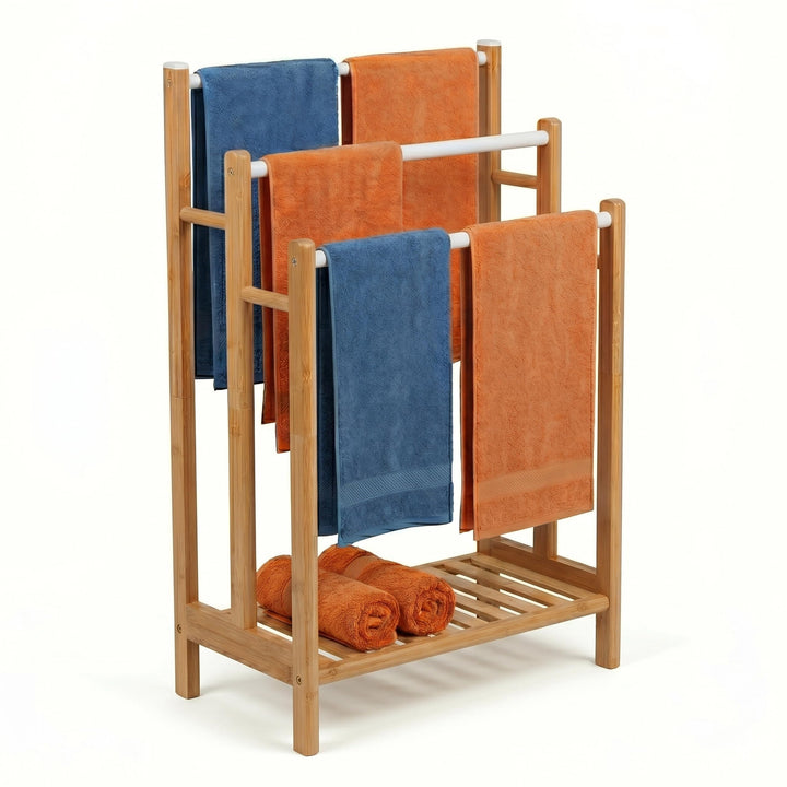 Relaxdays Handtuchhalter, mit 3 Stangen &amp; Ablage, HBT: 86x46x24 cm, für Hand- &amp; Badetücher, Bambus &amp;