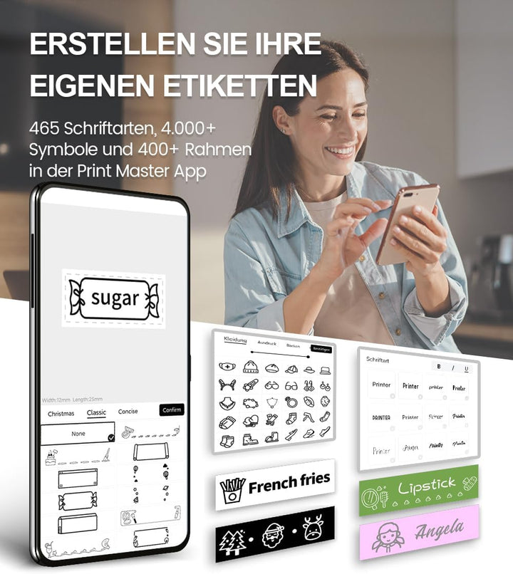 Phomemo P12 Beschriftungsgerät, Mini Etikettendrucker Bluetooth, Etikettiergerät Selbstklebend Kompa