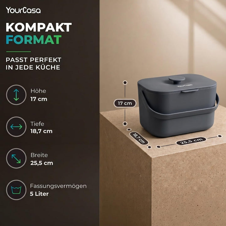 YourCasa Biomülleimer Küche 5L - Komposteimer für alltäglichen Biomüll Behälter - Spülmaschinenfest