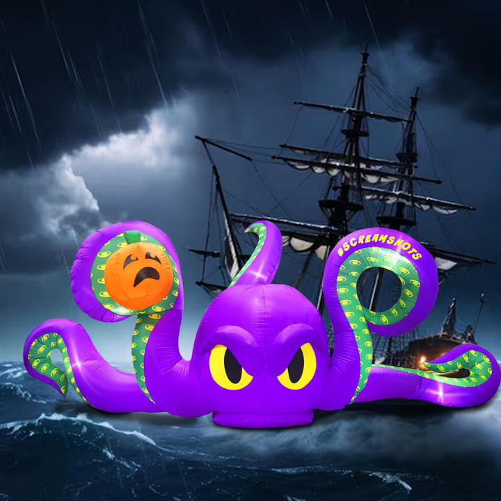 360CM Halloween Aufblasbarer Oktopus mit Kürbis Eingebaut 7 integrierten LED-Leuchten für Halloween