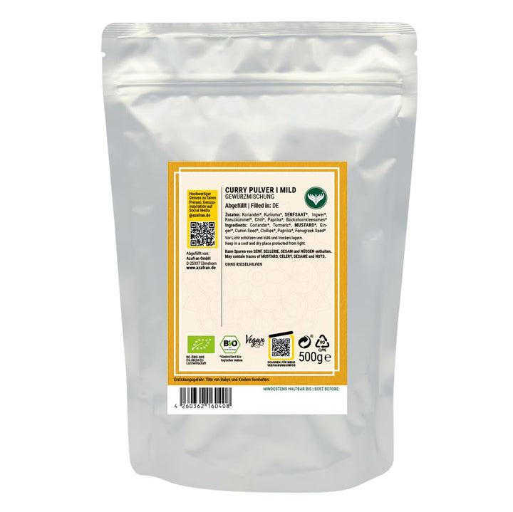 Azafran BIO Curry - Currypulver indisch (mild) Madras Richtung 500g 500 g (1er Pack), 500 g (1er Pac