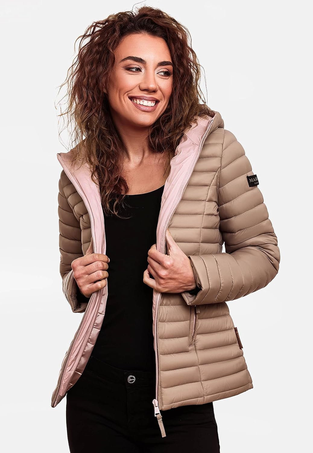 MARIKOO Damen leichte Übergangsjacke Steppjacke mit Kapuze Asraa XS-3XL M Taupe, M Taupe