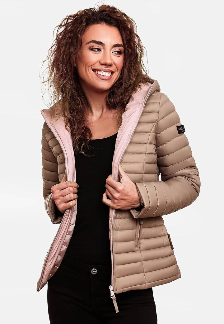 MARIKOO Damen leichte Übergangsjacke Steppjacke mit Kapuze Asraa XS-3XL M Taupe, M Taupe