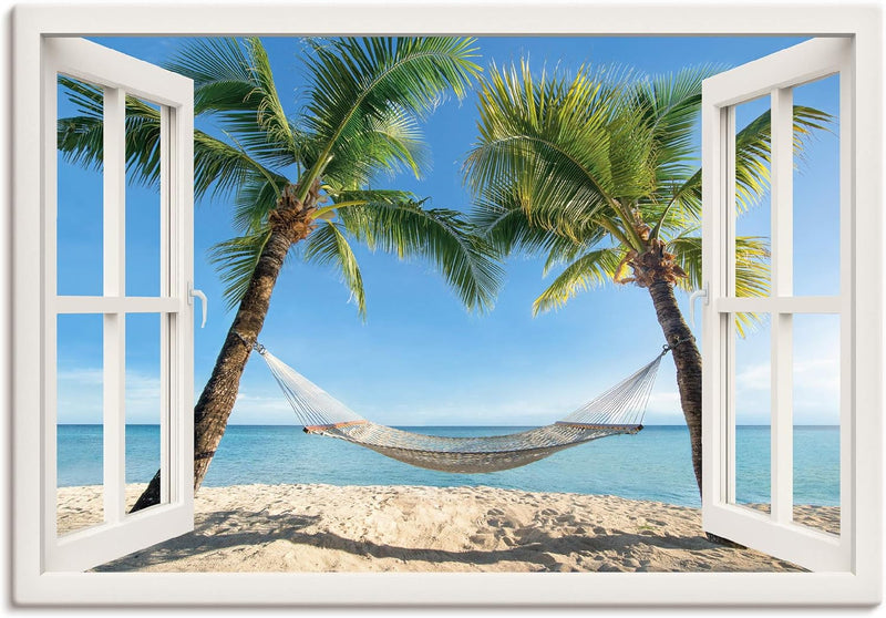 Artland Leinwandbild Wandbild Bild auf Leinwand 70x50 cm Wanddeko Fensterblick Fenster Strand Karibi