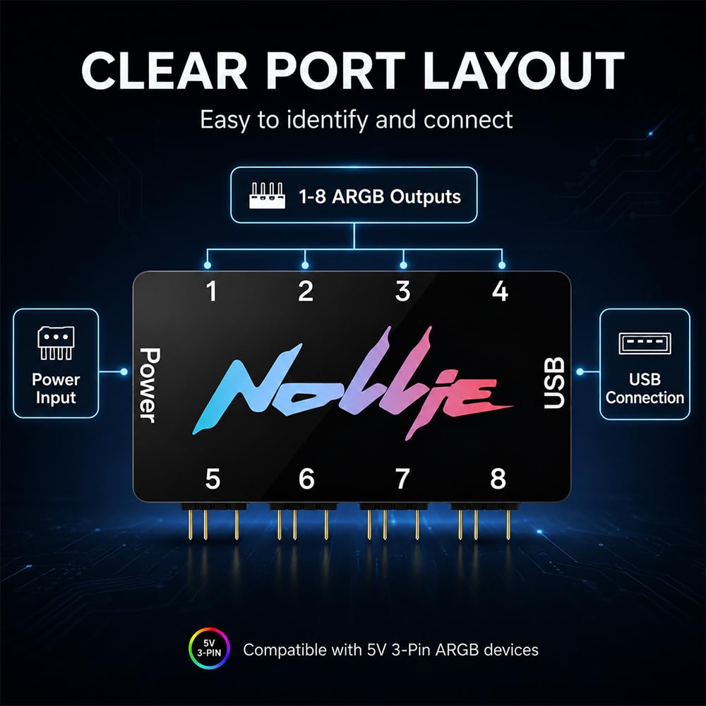 8-Port RGB Controller, ARGB Controller Sata Gespeister, 5V 3Pin ARGB Splitte, PC Beleuchtungs Hub