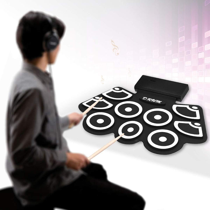 COSTWAY 9 Pads E-Drum, elektronisches Schlagzeug Set mit Bluetooth, Roll-Up-Trommel inkl. Pedale und