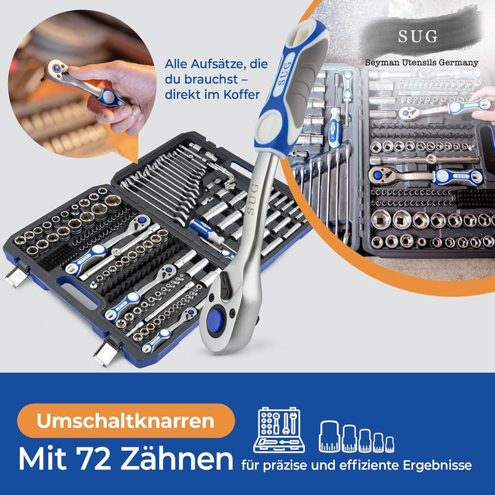 SUG - Werkzeugkoffer gefüllt 216-tlg - Profi Steckschlüsselsatz 1/2, 1/4, 3/8 komplett bestückt - We